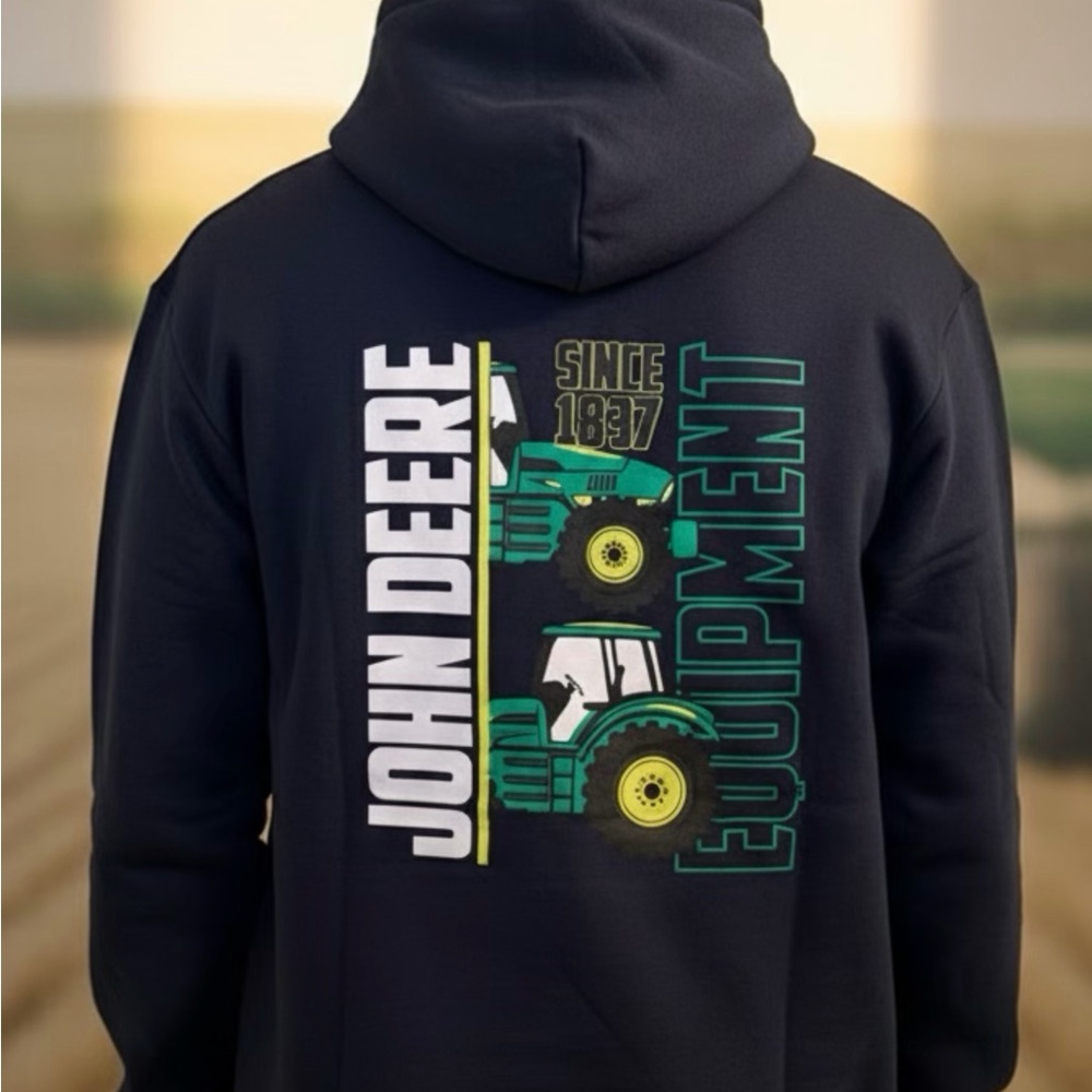 New John Deere Dark Blue Hoodie with Green Tractor Design Pullover Men’s Large